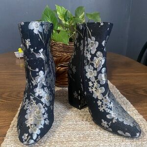 Indigo Black and Silver Floral Heeled Boots